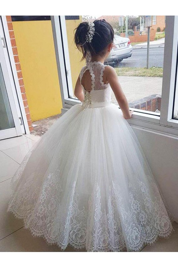 Ivoire Princesse Col Haut Tulle Dentelle Longue Robes de demoiselle d'honneur - fillette Outlet