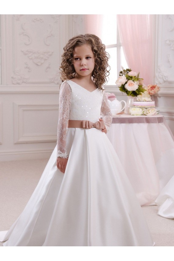 Ivoire Princesse Col V Satiné Dentelle Longue Robes de demoiselle d'honneur - fillette Outlet