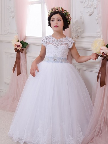 Ivoire Princesse Tulle Dentelle Longue Robes de demoiselle d'honneur - fillette Pas Chre