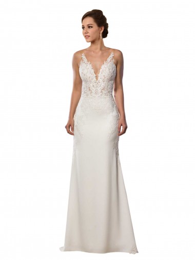 Ivoire Sirène Col V Dentelle Crêpe Stretch Robes de mariée Pas Chre