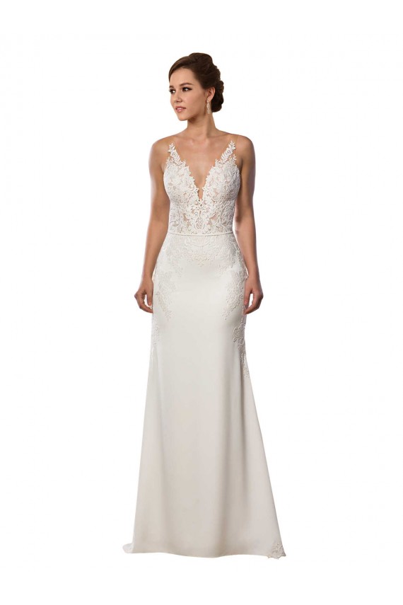 Ivoire Sirène Col V Dentelle Crêpe Stretch Robes de mariée Outlet