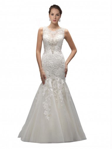 Ivoire Sirène Illusion Balayage train Tulle Dentelle Robes de mariée Pas Chre