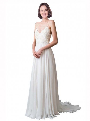 Ivoire Trapèze Bretelles spaghetti Col V Mousseline Dentelle Plage Robes de mariée Pas Chre