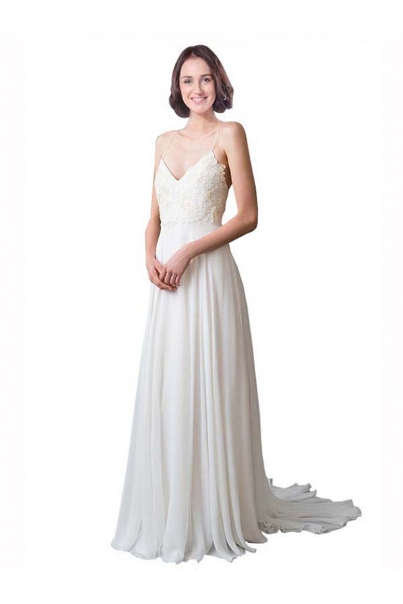Ivoire Trapèze Bretelles spaghetti Col V Mousseline Dentelle Plage Robes de mariée Outlet