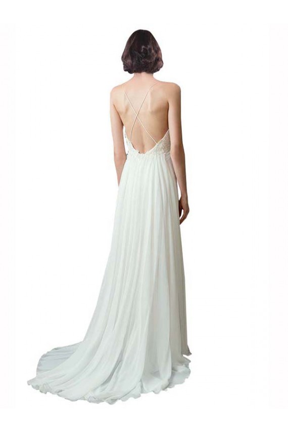 Ivoire Trapèze Bretelles spaghetti Col V Mousseline Dentelle Plage Robes de mariée Outlet