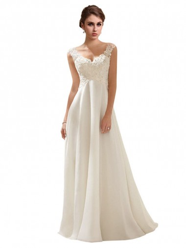 Ivoire Trapèze Col V Balayage train Mousseline Dentelle Robes de mariée Pas Chre