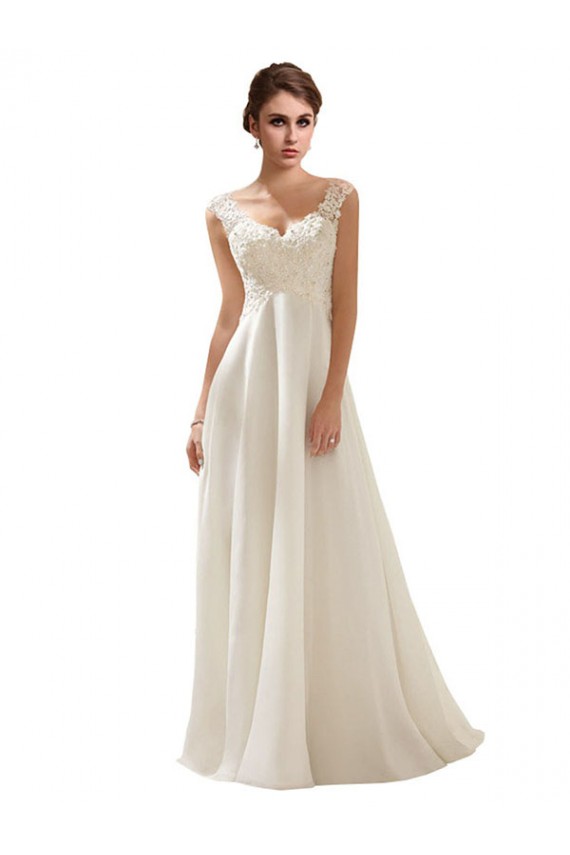 Ivoire Trapèze Col V Balayage train Mousseline Dentelle Robes de mariée Outlet