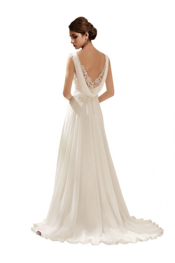 Ivoire Trapèze Col V Balayage train Mousseline Dentelle Robes de mariée Outlet