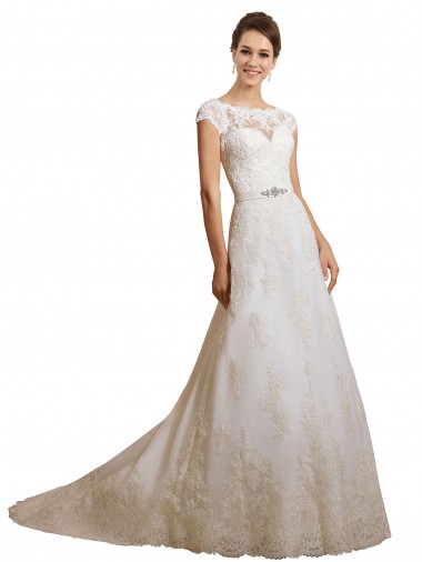 Ivoire Trapèze Illusion Tulle Dentelle Classique Robes de mariée Pas Chre