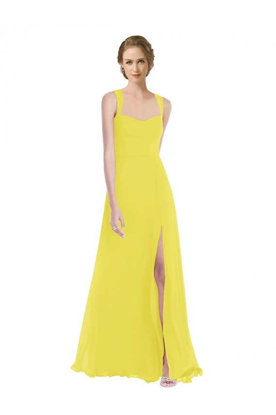 Jaune Trapèze Bretelles spaghetti Mousseline Longue Robes demoiselle d'honneur Outlet
