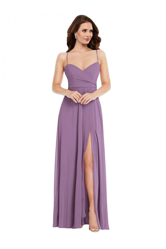 Lavande foncée Trapèze Bretelles spaghetti Mousseline Longue Robes demoiselle d'honneur Outlet