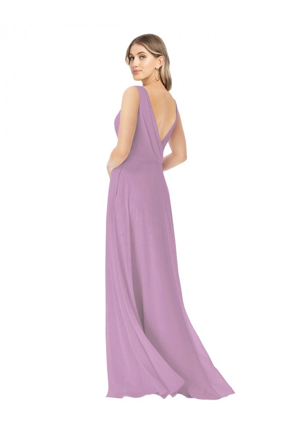 Lavande foncée Trapèze Col V Mousseline Longue Robes demoiselle d'honneur Outlet