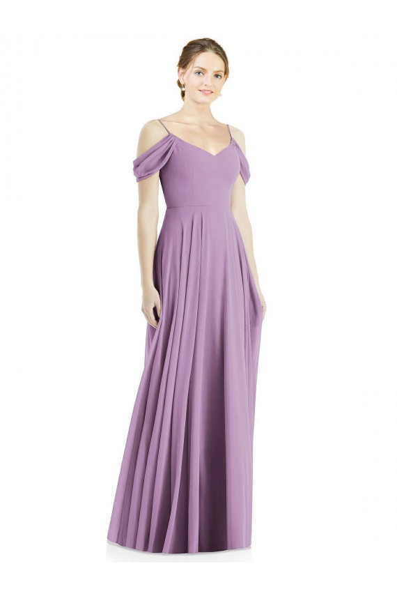 Lavande foncée Trapèze Épaule Dénudée Bretelles spaghetti Mousseline Longue Robes demoiselle d'honneur Outlet