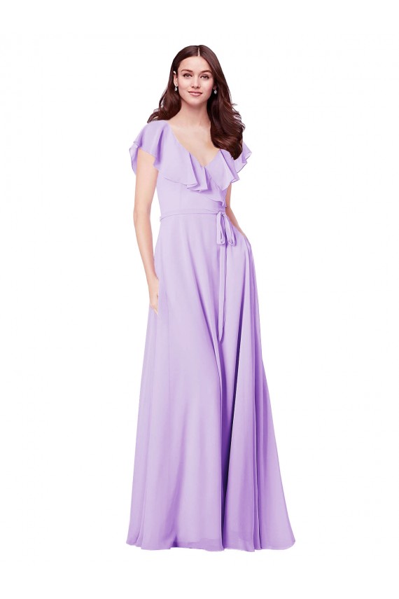 Lilas Trapèze Col V Mousseline Longue Robes demoiselle d'honneur Outlet