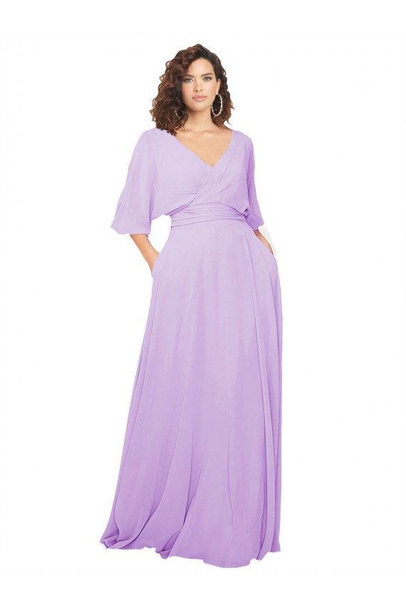 Lilas Trapèze Col V Mousseline Longue Robes demoiselle d'honneur Outlet