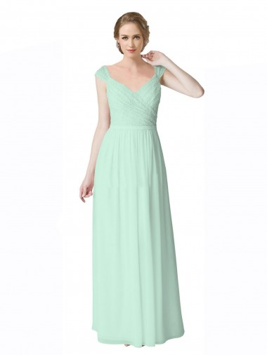 Menthe verte Trapèze Col V Mousseline Dentelle Longue Robes demoiselle d'honneur Pas Chre