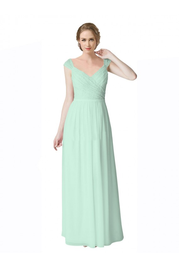 Menthe verte Trapèze Col V Mousseline Dentelle Longue Robes demoiselle d'honneur Outlet