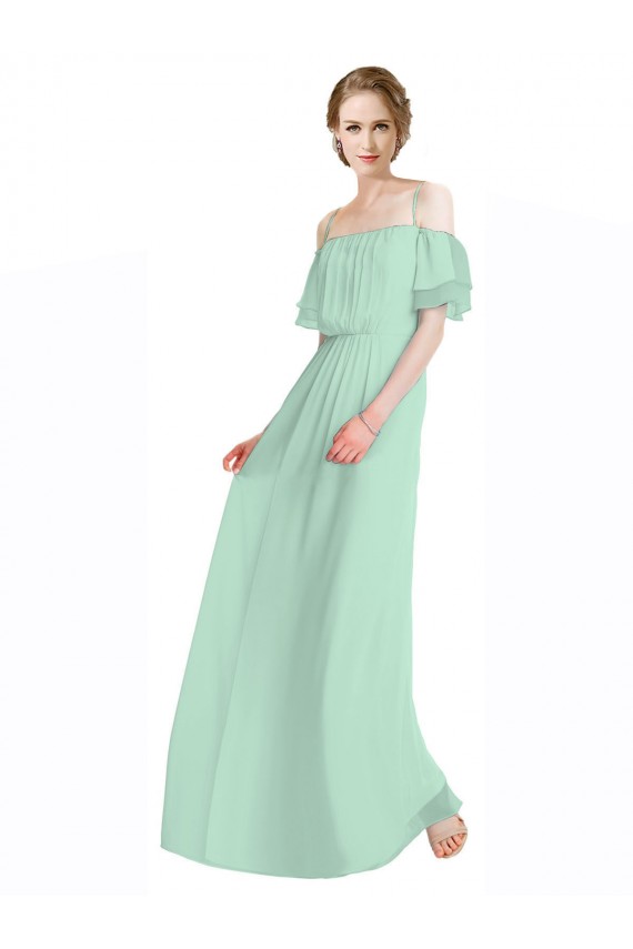 Menthe verte Trapèze Épaule Dénudée Bretelles spaghetti Mousseline Longue Robes demoiselle d'honneur Outlet