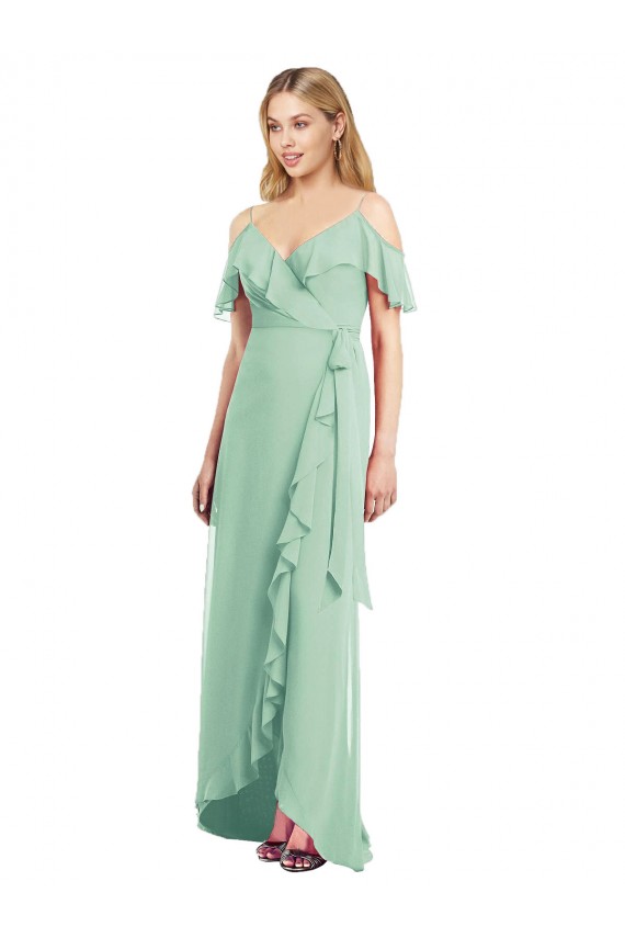 Menthe verte Trompette Bretelles spaghetti Col V Mousseline Longue Asymétrique Robes demoiselle d'honneur Outlet