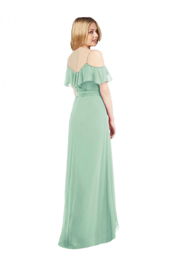 Menthe verte Trompette Bretelles spaghetti Col V Mousseline Longue Asymétrique Robes demoiselle d'honneur Outlet