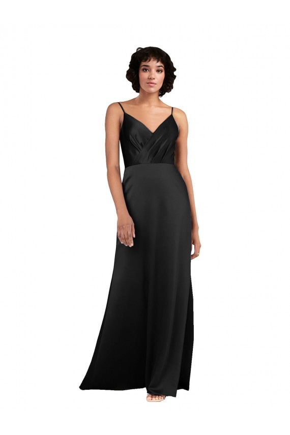 Noir Colonne Col V Satiné Soyeux Longue Asymétrique Formelles Robes demoiselle d'honneur / Robes de soirée / Robes de bal Outlet