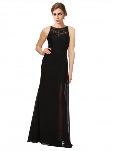 Noir Fourreau Col Haut Mousseline Dentelle Longue Robes demoiselle d'honneur Outlet