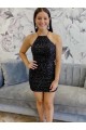 Noir Fourreau Licou Courte Paillettes Velours Courte Robes de bal Outlet