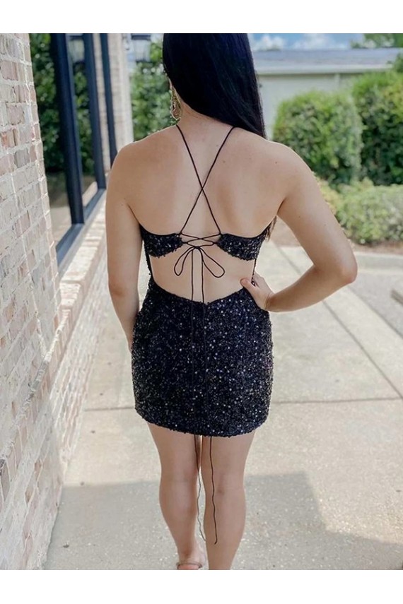 Noir Fourreau Licou Courte Paillettes Velours Courte Robes de bal Outlet