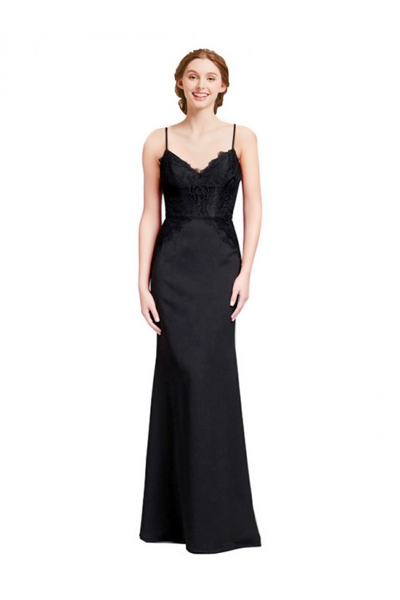 Noir Sirène Bretelles spaghetti Col V Crêpe Stretch Longue Robes demoiselle d'honneur / Robes de bal Outlet