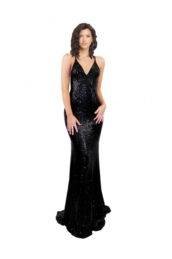 Noir Sirène Col V Paillette Longue Formelles Robes demoiselle d'honneur / Robes de soirée / Robes de bal Outlet