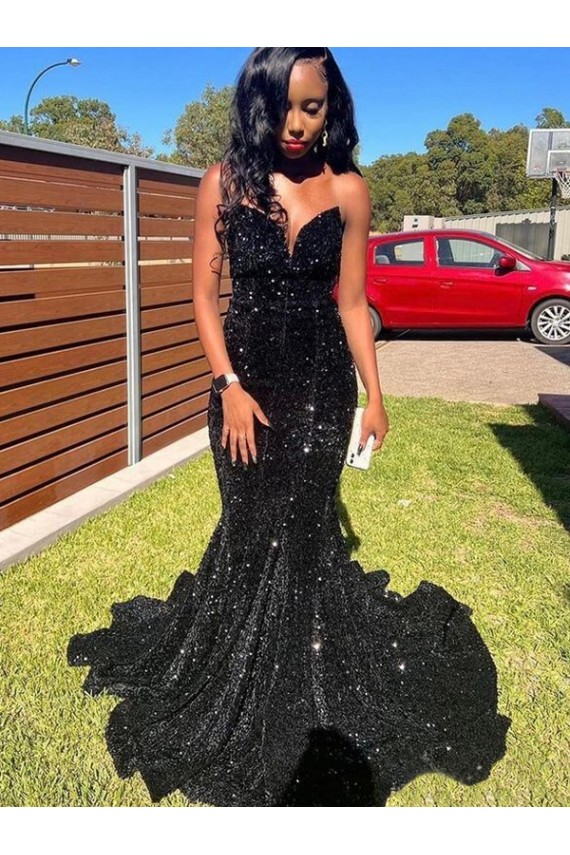 Noir Sirène Paillettes Velours Longue Robes de bal Outlet