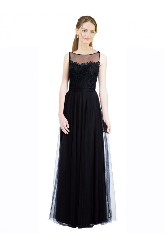 Noir Trapèze Bateau Illusion Tulle Dentelle Longue Robes demoiselle d'honneur Outlet