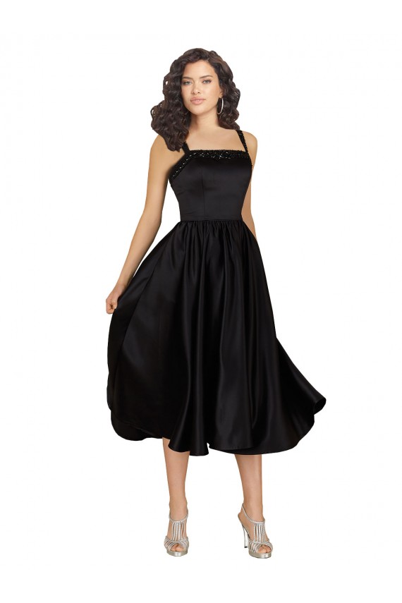 Noir Trapèze Col Carré Satiné Courte Robes demoiselle d'honneur / Robes de bal / Robes de cocktail Outlet