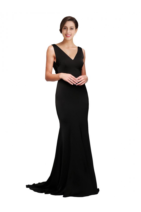 Noir Trapèze Col V Balayage train Satiné Soyeux Longue Formelles Robes demoiselle d'honneur / Robes de soirée / Robes de bal Outlet