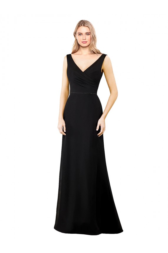 Noir Trapèze Col V Mousseline Longue Robes demoiselle d'honneur / Robes de bal Outlet