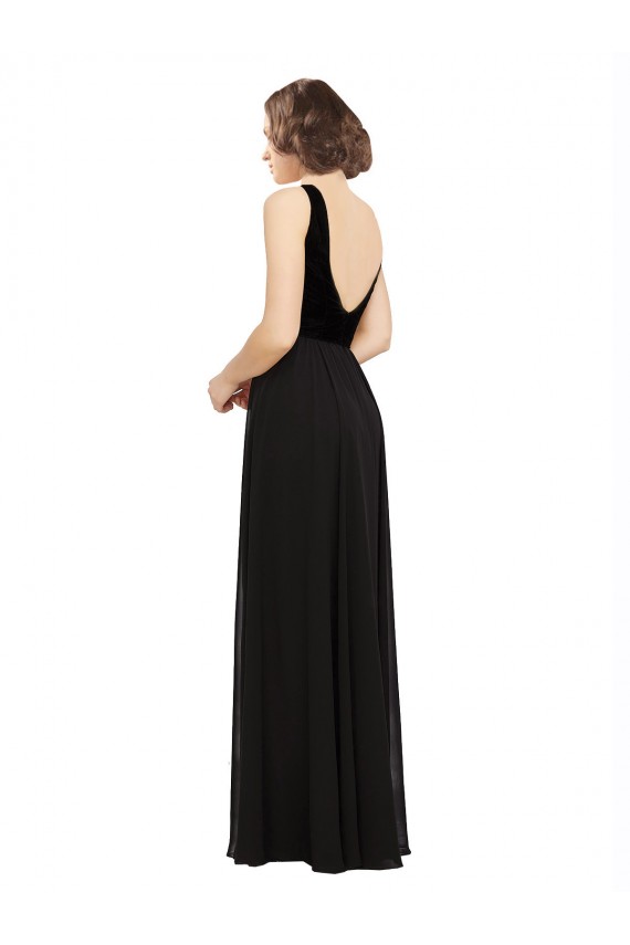 Noir Trapèze Col V Mousseline Velours Longue Robes demoiselle d'honneur / Robes de bal Outlet