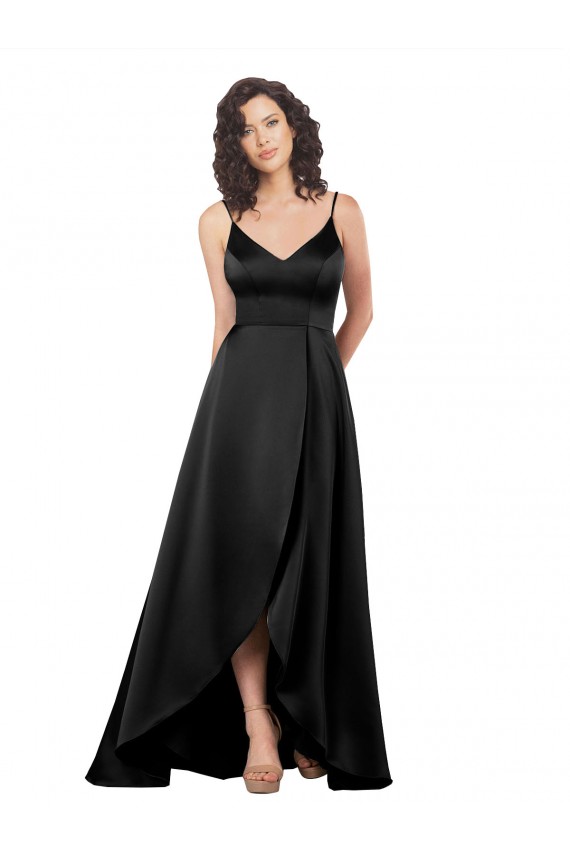 Noir Trapèze Col V Satiné Soyeux Longue Asymétrique Formelles Robes demoiselle d'honneur / Robes de soirée / Robes de bal Outlet