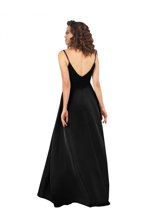 Noir Trapèze Col V Satiné Soyeux Longue Asymétrique Formelles Robes demoiselle d'honneur / Robes de soirée / Robes de bal Outlet