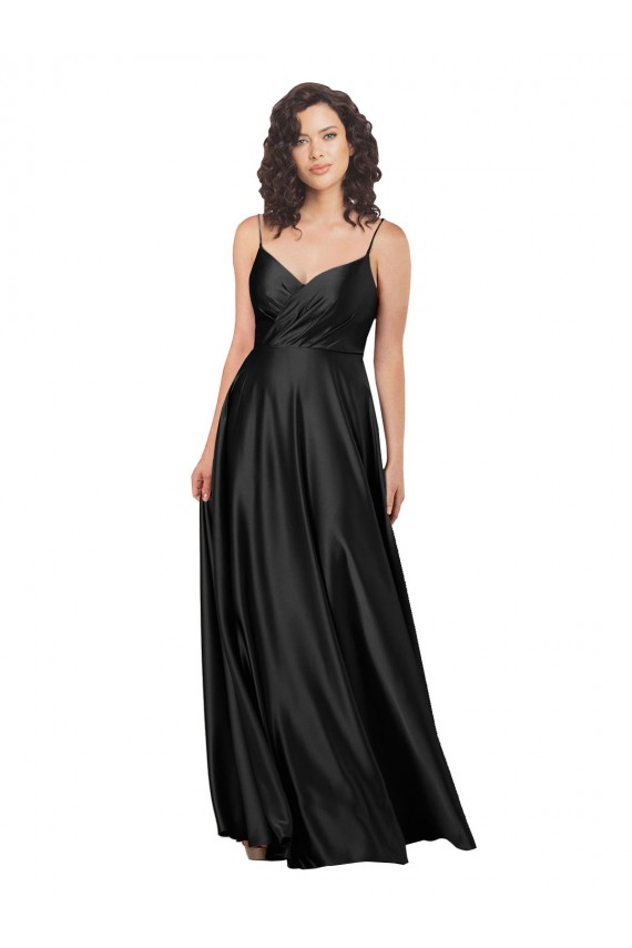 Noir Trapèze Col V Satiné Soyeux Longue Formelles Robes demoiselle d'honneur / Robes de soirée / Robes de bal Outlet
