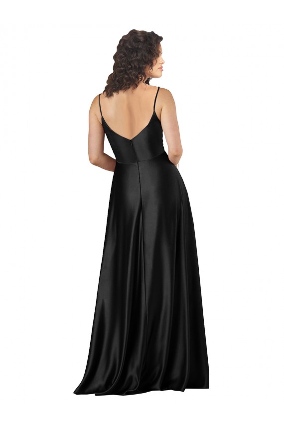 Noir Trapèze Col V Satiné Soyeux Longue Formelles Robes demoiselle d'honneur / Robes de soirée / Robes de bal Outlet