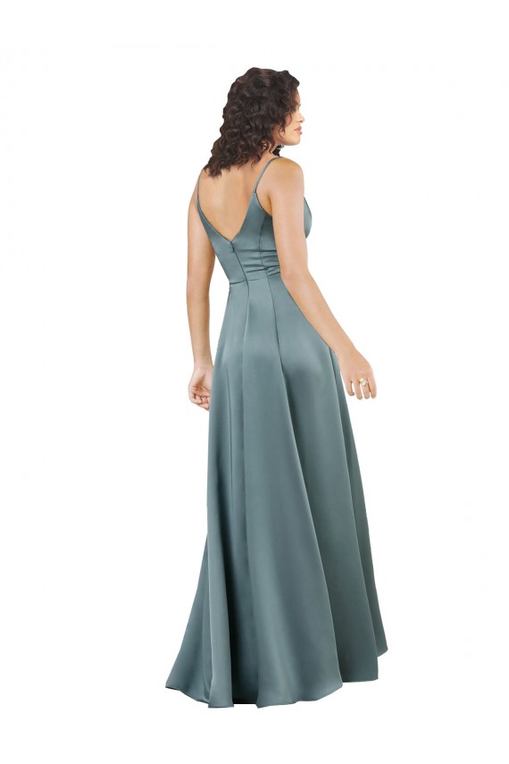 Noir Trapèze Col V Satiné Soyeux Longue Formelles Robes demoiselle d'honneur / Robes de soirée / Robes de bal Outlet