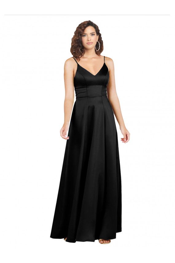 Noir Trapèze Col V Satiné Soyeux Longue Formelles Robes demoiselle d'honneur / Robes de soirée / Robes de bal Outlet