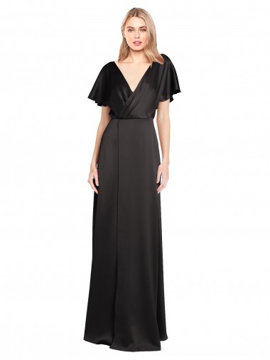 Noir Trapèze Col V Satiné Stretch Longue Formelles Robes demoiselle d'honneur / Robes de soirée / Robes de bal Pas Chre
