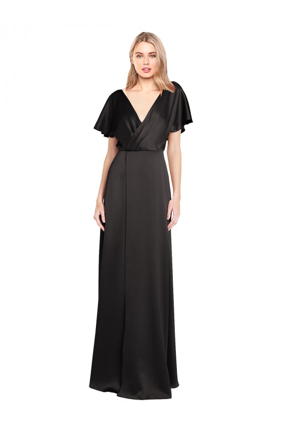 Noir Trapèze Col V Satiné Stretch Longue Formelles Robes demoiselle d'honneur / Robes de soirée / Robes de bal Outlet