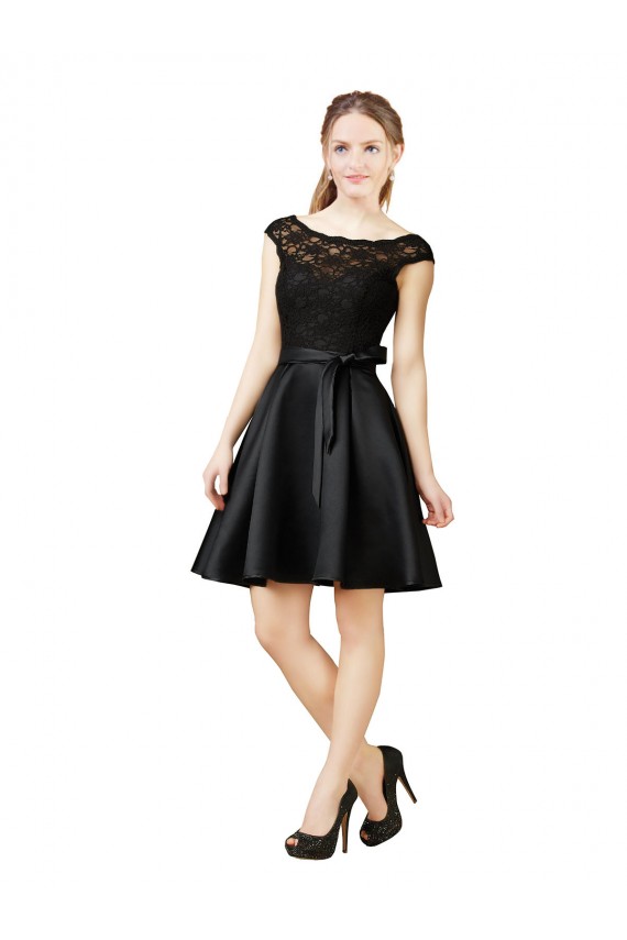 Noir Trapèze Illusion Satiné Dentelle Courte Robes demoiselle d'honneur / Robes de cocktail Outlet