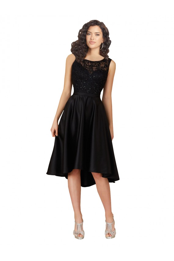 Noir Trapèze Illusion midi Satiné Dentelle Courte Asymétrique Robes demoiselle d'honneur / Robes de cocktail Outlet