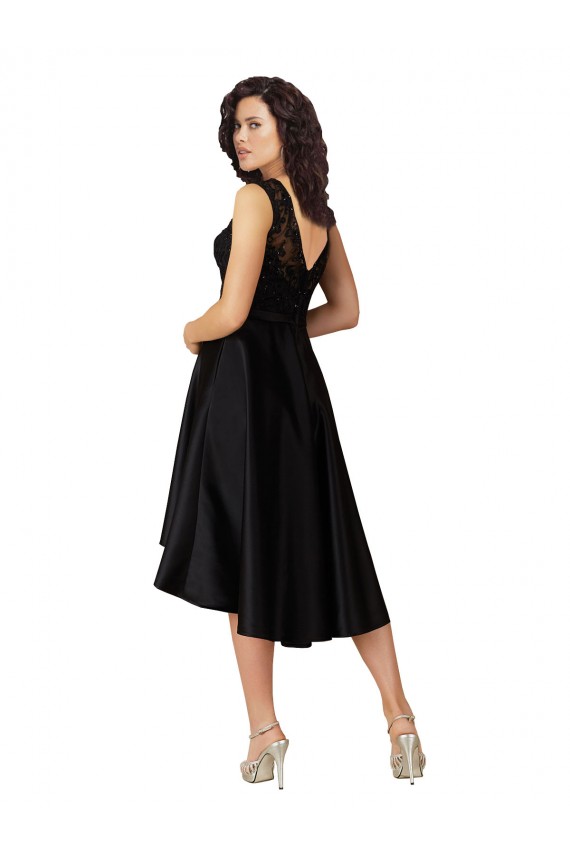 Noir Trapèze Illusion midi Satiné Dentelle Courte Asymétrique Robes demoiselle d'honneur / Robes de cocktail Outlet