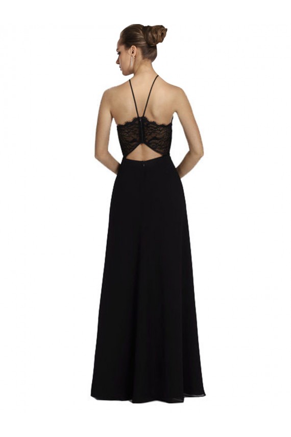 Noir Trapèze Licou Mousseline Dentelle Longue Robes demoiselle d'honneur Outlet