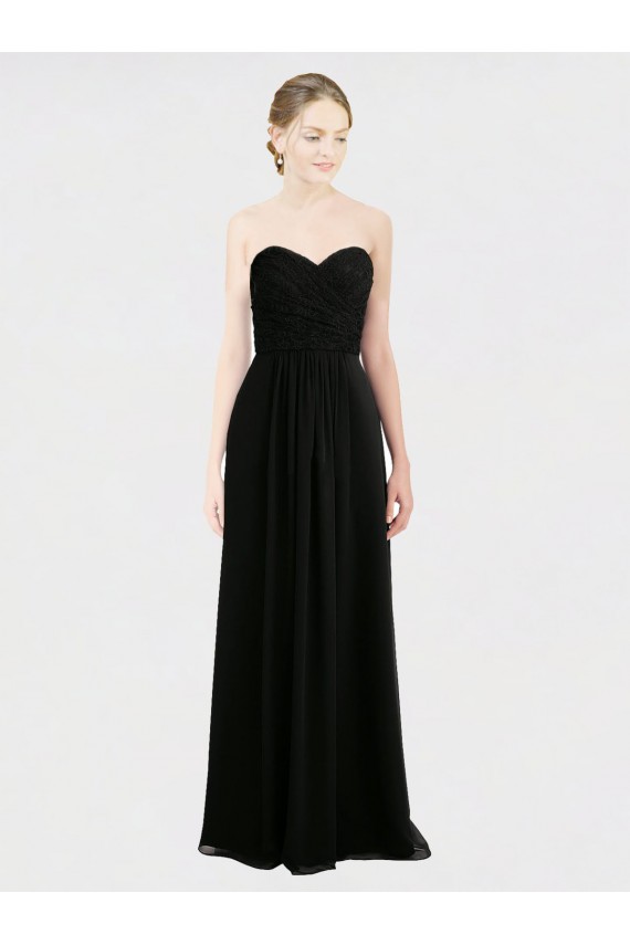 Noir Trapèze Sans bretelle Mousseline Dentelle Longue Robes demoiselle d'honneur Outlet