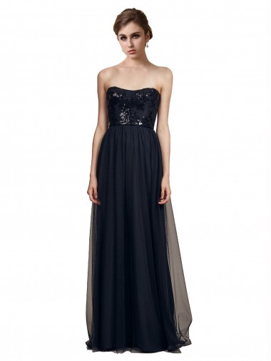 Noir Trapèze Sans bretelle Tulle Longue Robes demoiselle d'honneur Outlet